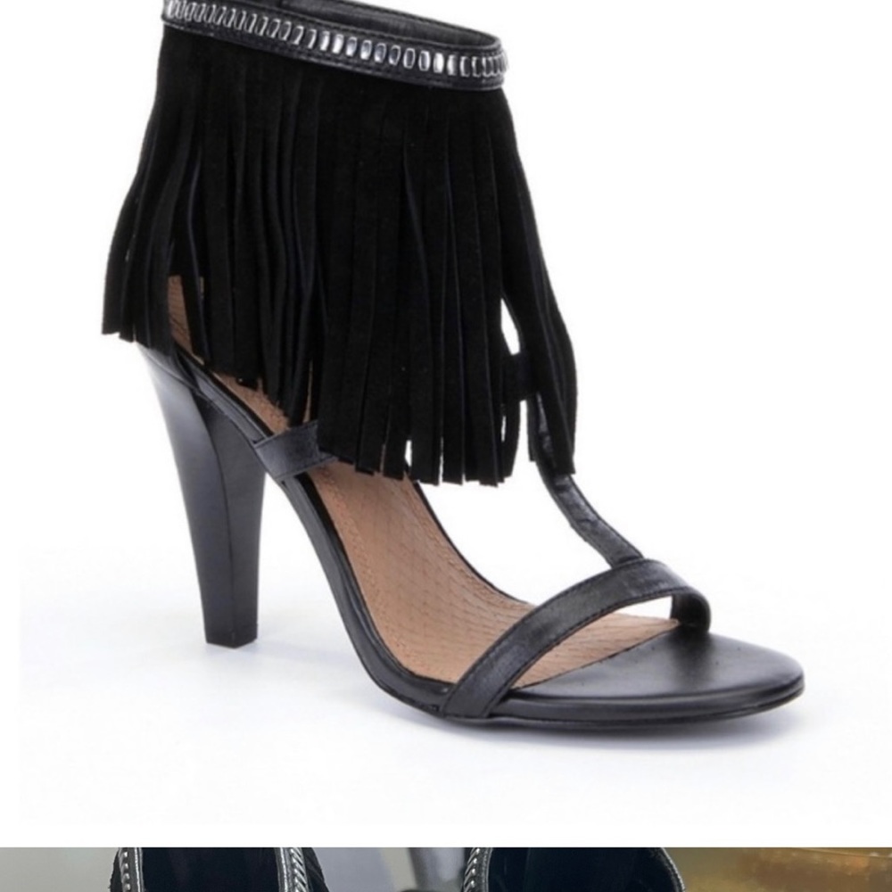 Gianni Bini Black Size 8.5 Suede fringe beaded zipper bootie heel sandals EUC
